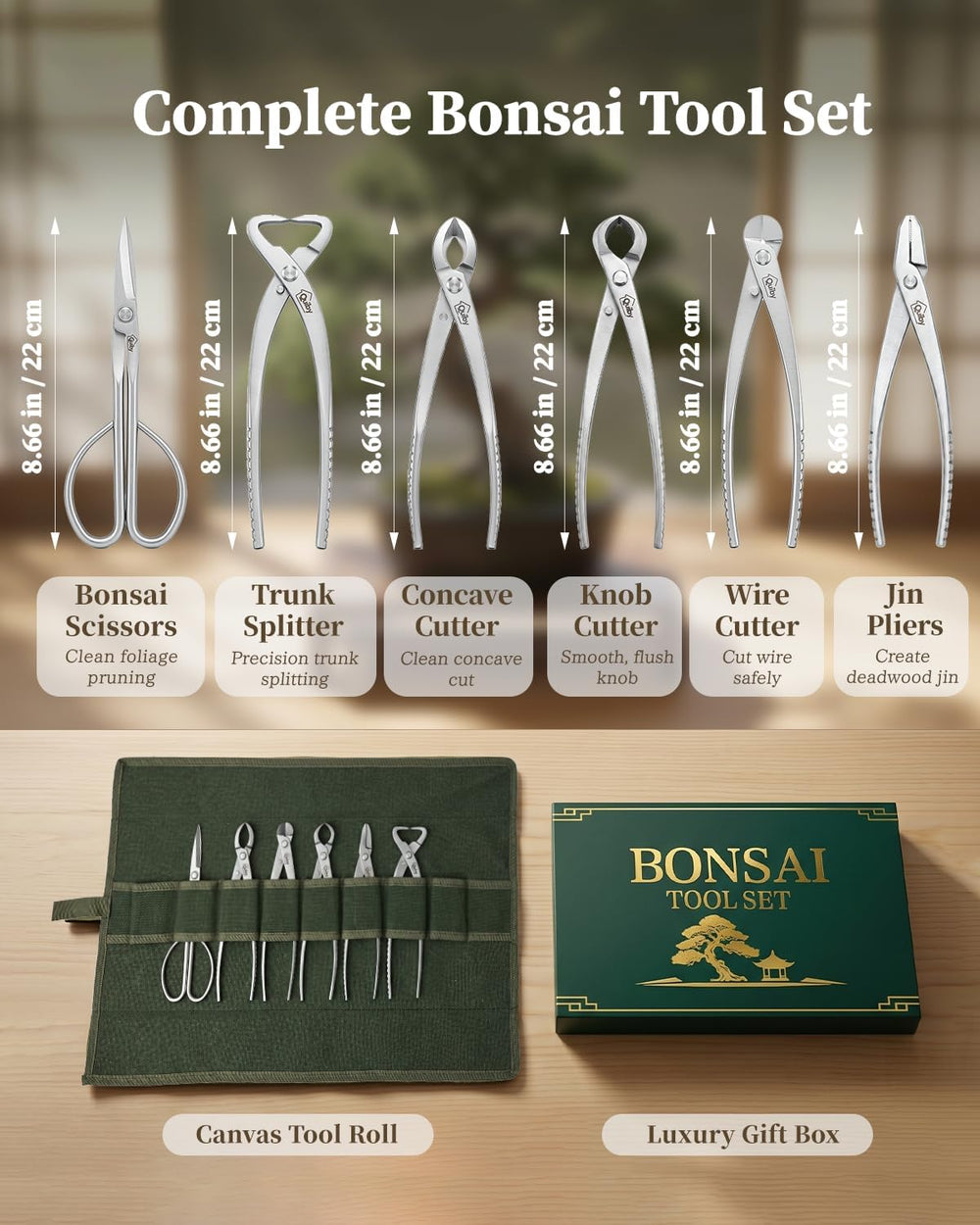 6-Piece Bonsai Tools Set with Tool Roll Bag and Luxury Gift Box