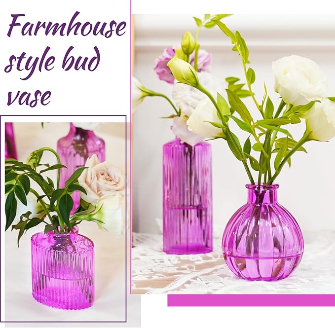 12PCS Hot Pink Vase for Flowers, Small Glass Bud Vases for Centerpieces Purple Flower Vase in Bulk for Home Office Decor