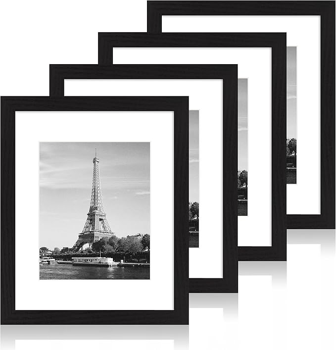 11x14 Picture Frame Set of 4 with Tempered Glass, Black Frame Display 8x10 Picture with Mat or 11 x 14 Without Mat, Rustic Wood Photo Frames for Horizontal or Vertical Wall Mounting