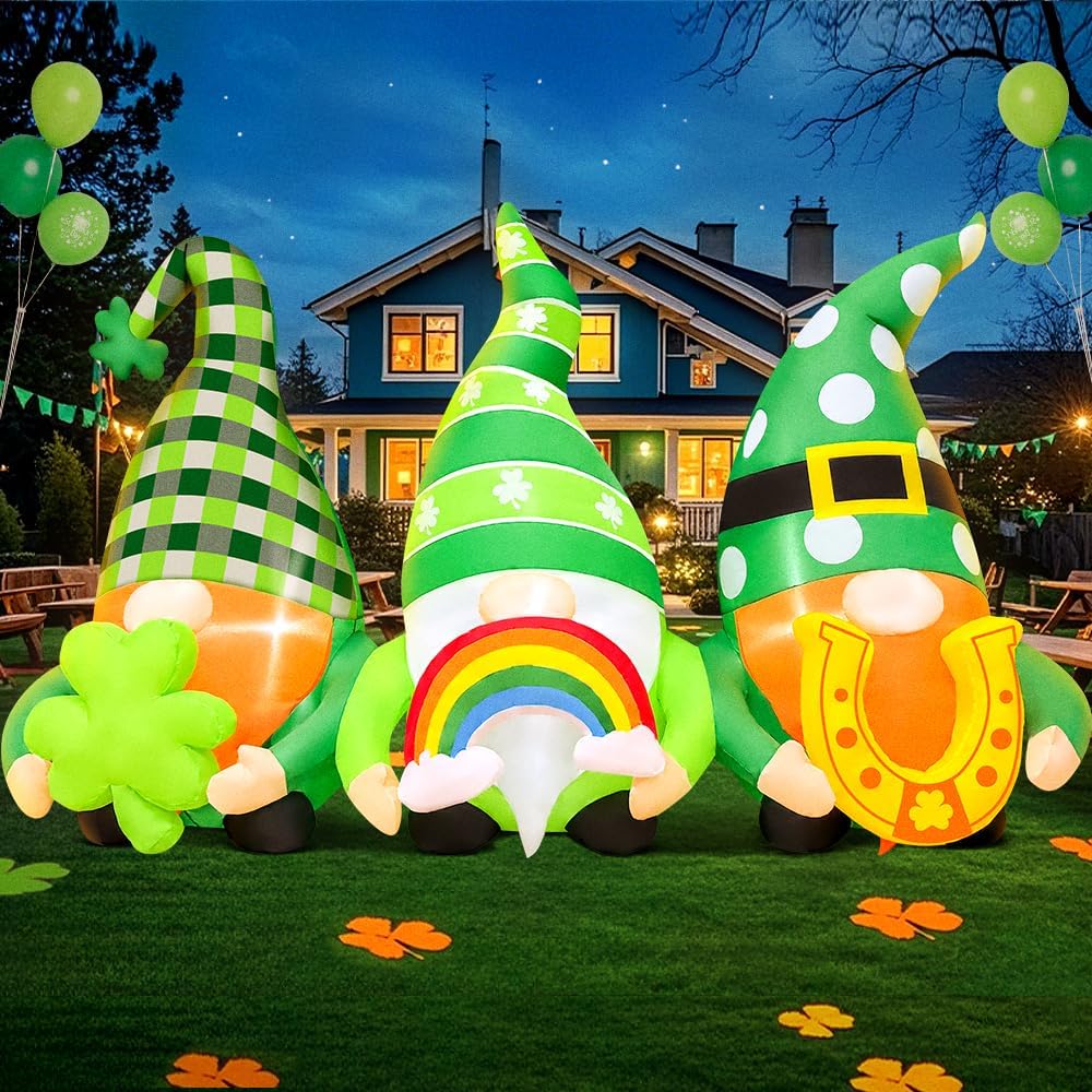 KOOY 6FT St Patricks Day Inflatables Outdoor Decorations Gnomes Inflatable with Shamrock Lucky Horseshoe Irish Elves Blow up Gnome Yard Decor with Lights for Holiday Home St Patricks Day Decorations