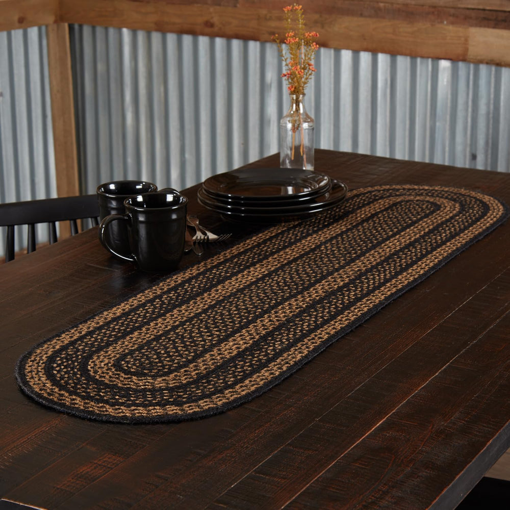 VHC Brands Farmhouse Primitive Jute Black Striped Oval Table Runner Decor 13&...