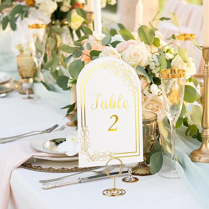 Wedding Table Numbers 1-40, 40 White Gold Cards with 40 Gold TableNumber Holders for Wedding Reception(Card and Holder) (Set of 40)