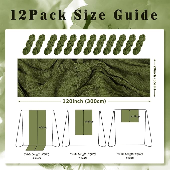12 Pack Olive Green 10FT Cheesecloth Table Runner Rustic Gauze Cheese Cloth Table Runner for Wedding Bridal Baby Shower Table Decorations Boho Fabric Sheer Birthday Party Decor 20 x 120 Inch Long