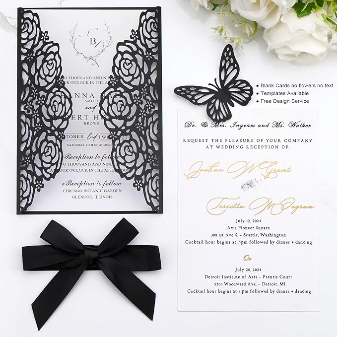 50pcs Black Wedding Invitation Kit Butterfly Laser Cut Invittations Pocket with Blank Inner Sheets and Envelopes for Wedding Anniversary Quinceañera Birthday Party Invites 4.9x7''