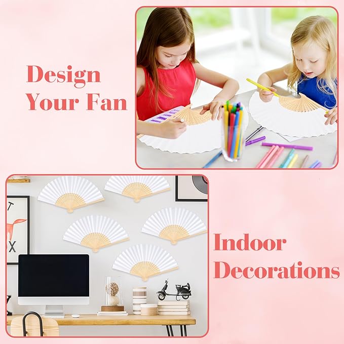 48 Pieces White Hand Held Bamboo Folding Fans Paper Fans Handheld for Women Foldable Girls Wedding Decoration Church Home Party Favors Summer