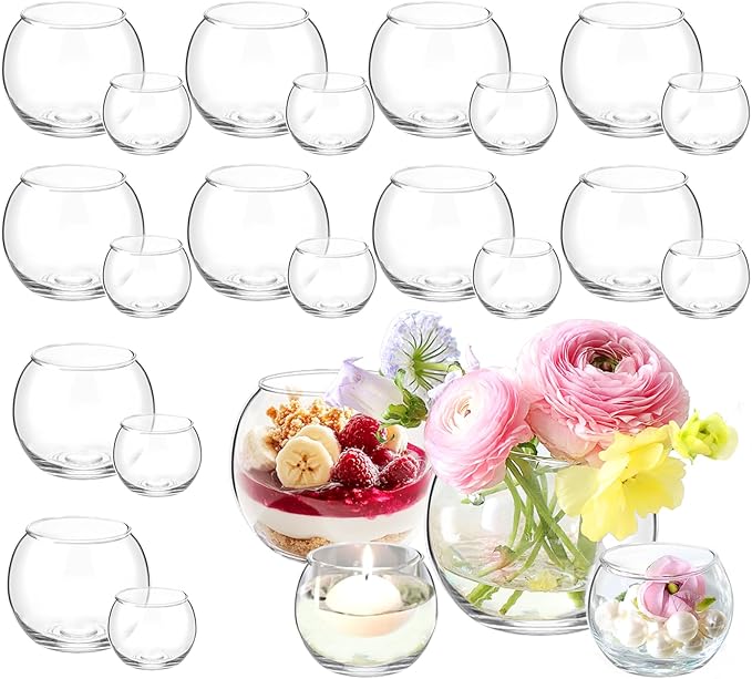 24 Pack Glass Bubble Vases,Small flower bud vases bulk,4"W x3"H Set of 12 Pcs Clear Bowl Vase,2.6"W x2.2"H Set of 12 Pcs Round Candle Holders,Mini Globe Vase Centerpiece for Wedding Party,Home Decor