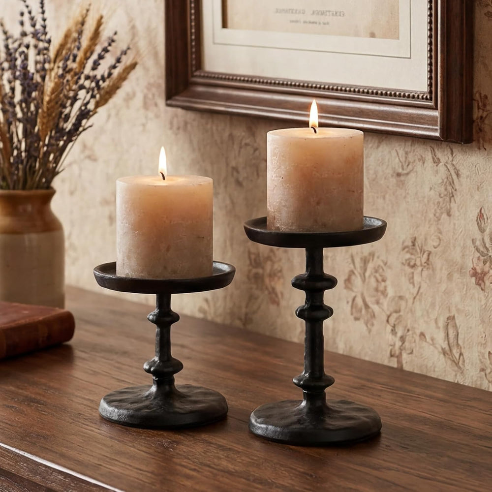 Black Cast Iron Pillar Candle Holders Set of 2 Farmhouse Candlesticks