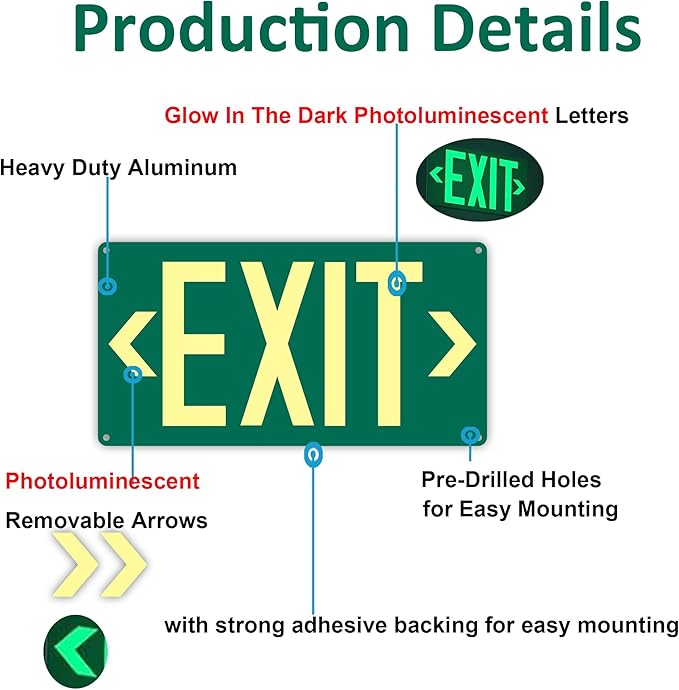 (2Pack) Photoluminescent Exit Sign, Glow In The Dark Aluminum Exit Sign Green - Adhesive Backing - 4pcs Removable Arrows Included - 14.25 x 7.5 Inches - Non Electrical Exit For 50 Feet Visibility