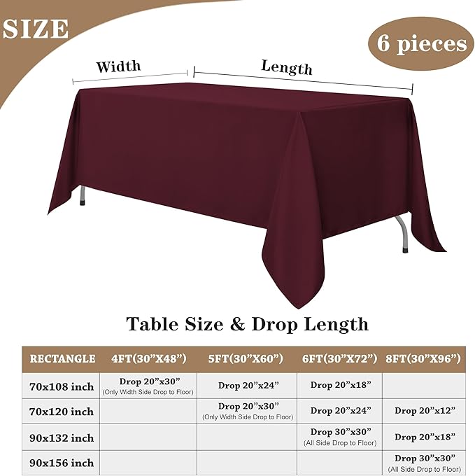 Fitable Burgundy Rectangle Tablecloths for 6 Foot Tables, 6 Pack - 70 x 108 Inches - Stain Resistant and Washable Table Clothes, Polyester Fabric Table Covers for Wedding, Party, Banquet, Buffect