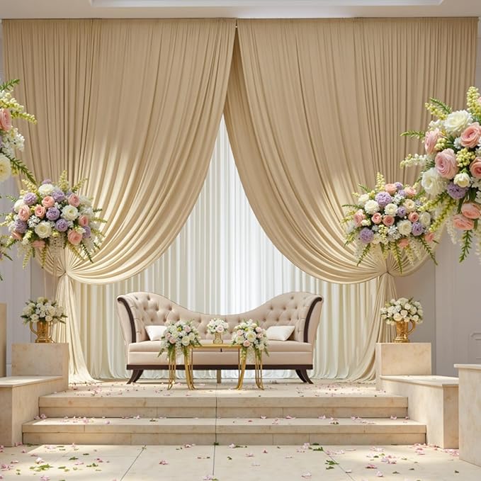 40×12 ft Wrinkle Free Beige Backdrop Curtain for Weddings Parties, 8 Panels 12ft Silky Polyester Wedding Drapes Backdrop Photo Back Drop Cloth for Birthday Baby Shower Photography Backgrounds