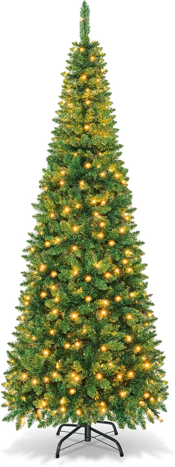 Goplus 7.5ft Prelit Pencil Christmas Tree, Premium Hinged Fir Tree, with Warm White LED Lights and Solid Metal Stand, Easy Assemble, Ideal Artificial Xmas Tree for Home and Office