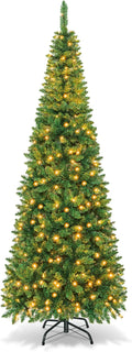 Goplus 7.5ft Prelit Pencil Christmas Tree, Premium Hinged Fir Tree, with Warm White LED Lights and Solid Metal Stand, Easy Assemble, Ideal Artificial Xmas Tree for Home and Office