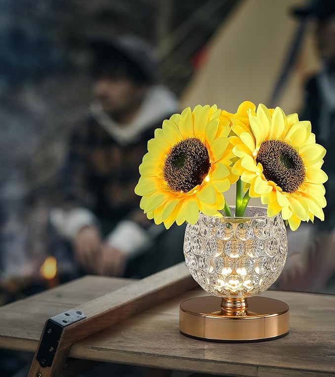 Sunflowers Lamp,Rechargeable Cordless Touch Table Lamp,3-Colour Infinitely Dimming Small Night Light for Home Decor/Restaurant/Bar/Coffee Shop,Gifts for Women/Mom
