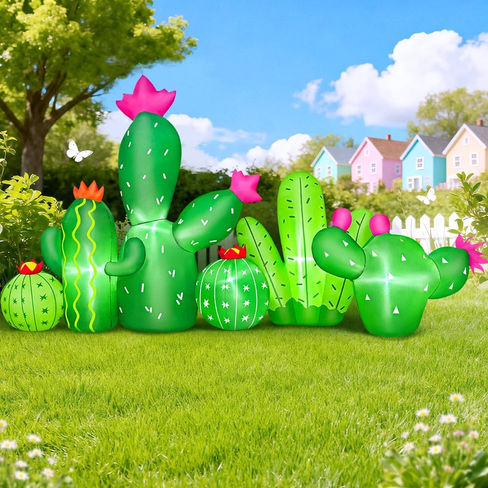 KOOY 6FT Cinco De Mayo Inflatables Cactus, Mexican Blow up Inflatable Cactus, Built-in LED Spring Blow Up Cinco de Mayo Decorations with Taco Sombrero May 5 Fiesta Party Decorations for Garden Lawn