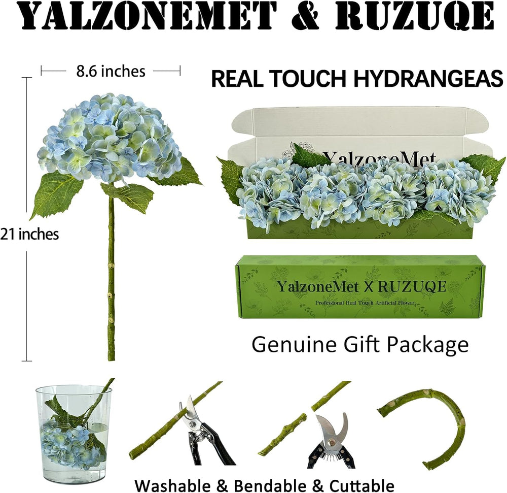 YalzoneMet 4Pcs Light Blue-Green Real Touch Hydrangea Artificial Flowers 21&#...