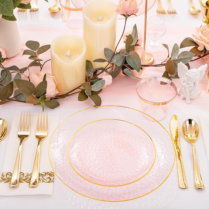 Rubtlamp 350 Pcs Clear Pink Plastic Plates, Pink Gold Plastic Dinnerware Set (50 Guests), Disposable Plates With Gold Rim, Hammered Party Plates Set for Wedding And Party