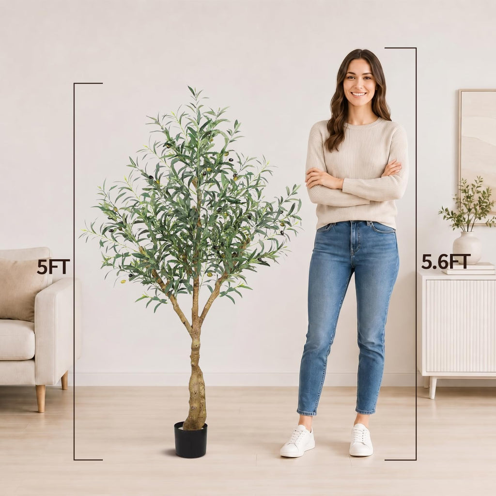 Olive Trees Artificial Indoor, 5FT Tall Faux Olive Tree with Lush Leaves and Lifelike Fruits, Artificial Plants in Sturdy Pot for Indoor Home Office Living Room Decor