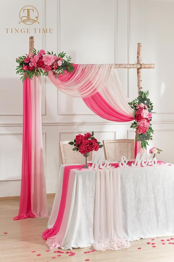 TINGE TIME 3 Panels Wedding Arch Draping Fabric, 30" x 20ft Hot Pink Chiffon Fabric Drapery Sheer Backdrop Curtain for Weddings Ceremony Party Decoration,Wedding Arch Drapes for Weddings Ceremony