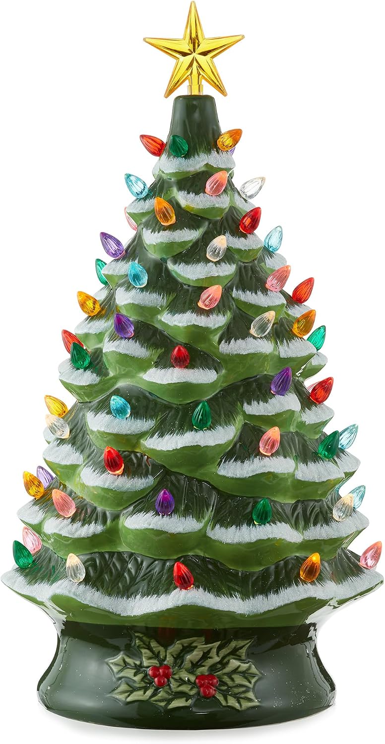 Casafield Hand Painted Ceramic Christmas Tree, Green Snow Flocked 24-Inch Pre-Lit Tree with 148 Multi Color Lights and 2 Star Toppers
