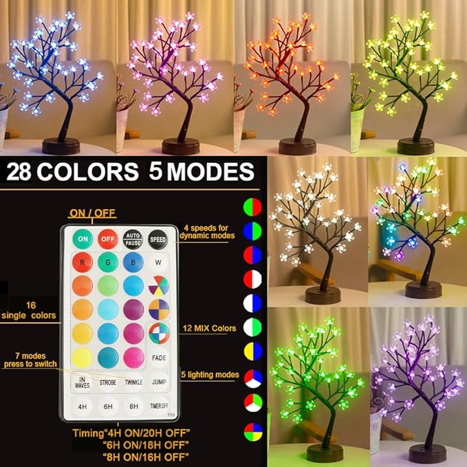 Pooqla RGB Cherry Blossom Tree Light with Remote 28 Colors LED Artificial Flower Bonsai Tree, RGB Table Top Lamp Home Lit Tree Valentine's Day Christmas Decoration 36 LED, Brown Branch