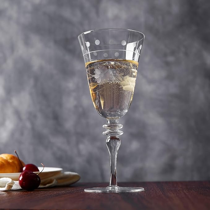 Premium Delight Wine Glasses Set of 4, 14.2 oz – Hand-Blown with Etched Long Stem, Classic Glassware for Weddings, Dinners, and Holiday Gifting (Vintage Wine Glasses)