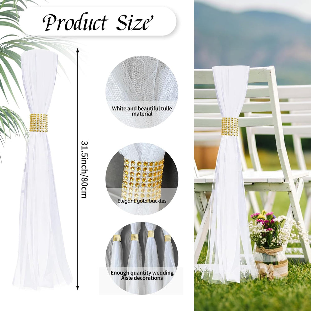 Large White Pew Bows Tulle Wedding Aisle Chair Decorations with Gold Wrap