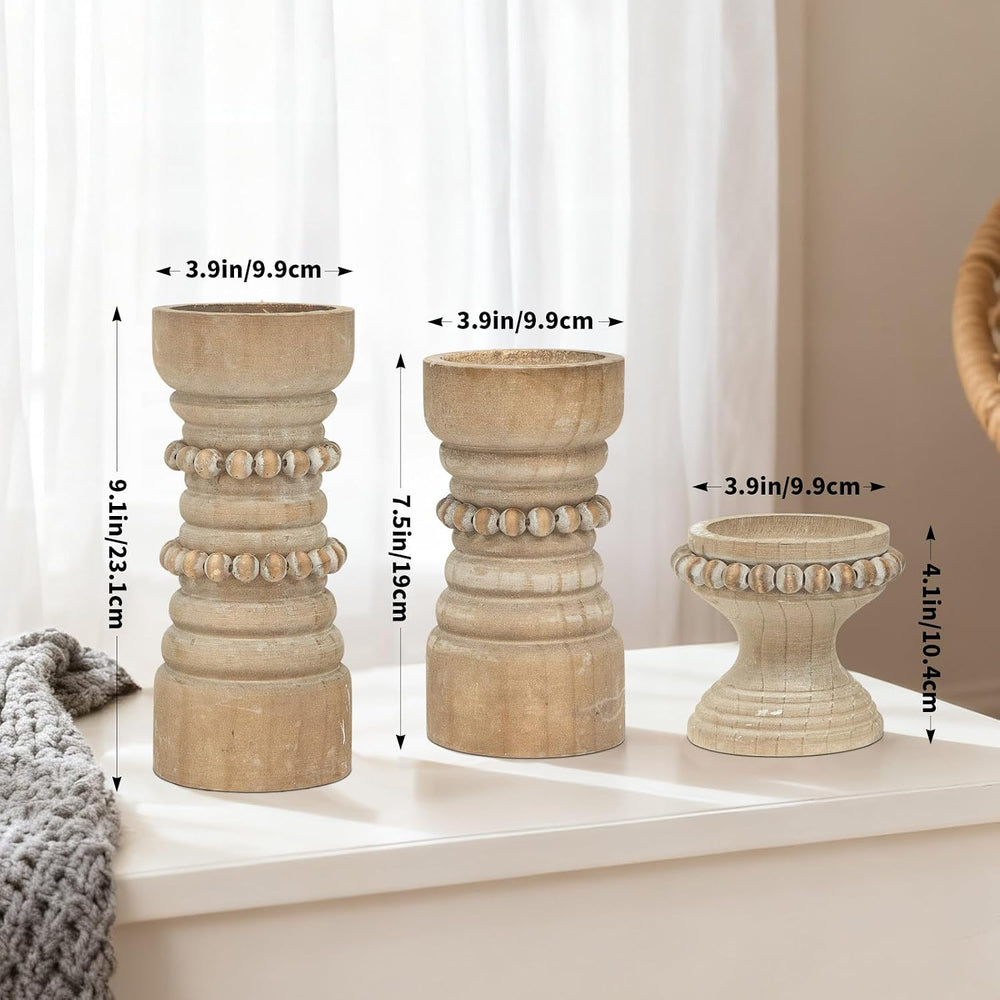 Rustic Natural Wood Candle Holders Set of 3, Farmhouse Beaded Wood Pillar Can...