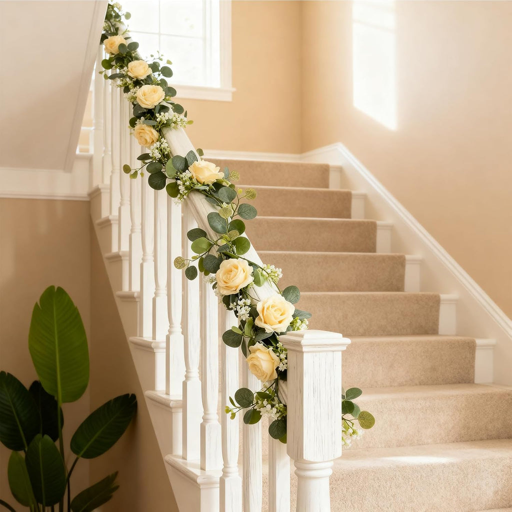 4 Pack 5.9 FT Artificial Flower Garland with Lights, Fake Floral Garland with 24 Champagne Roses, Flower Decorations for Arch Table Centerpieces Backdrop Party Home Wedding Decorations