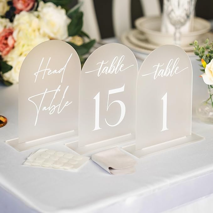 Frosted Arch Acrylic Table Numbers for Wedding Reception - 5" x 7" White Font Centerpiece Set with Holder Stands & Head Table Sign - Anniversary, Event, Party, Wedding set 1-15