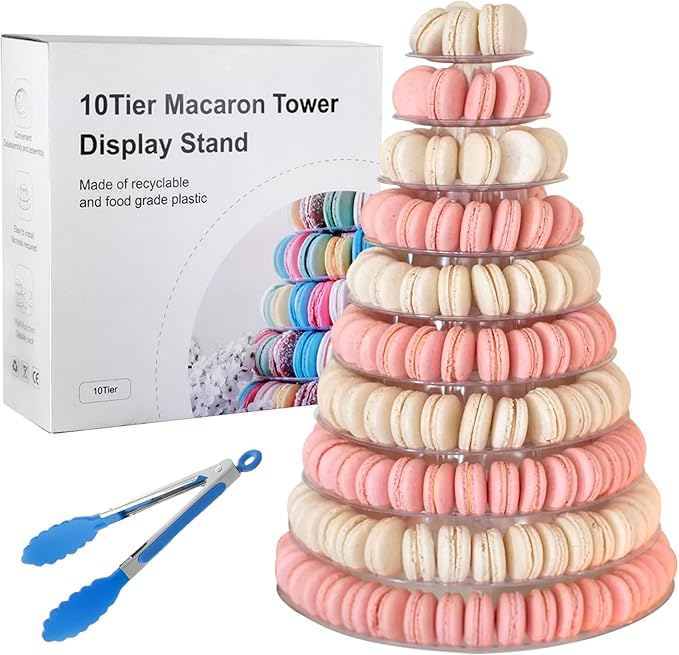 10 Tiers Macaroon Tower Stand with 8'' Silicone Tongs, Round Macaron Tower Cake Display Rack Plastic Cupcake Stand Macarons Desserts Serving Tray for Birthday Wedding Party Decor (10 Tiers with Tongs)