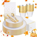 Festiva 176Pcs White and Gold Plastic Plates - White with Gold Rim Fall Dinnerware Set - 25Guest include Plates Cups Cutlery Napkins for Fall Party&Wedding& New Year&Thanksgiving (175PCS)