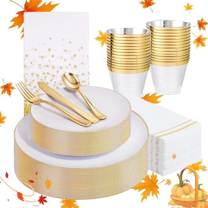 Festiva 176Pcs White and Gold Plastic Plates - White with Gold Rim Fall Dinnerware Set - 25Guest include Plates Cups Cutlery Napkins for Fall Party&Wedding& New Year&Thanksgiving (175PCS)
