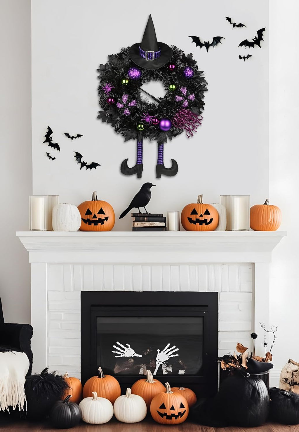 halloween wreath for front door 26" tinsel black, package contents
