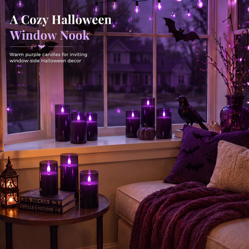 Homemory Dark Gray Flameless Candles, Purple Glow, Remote Timer, Set of 9