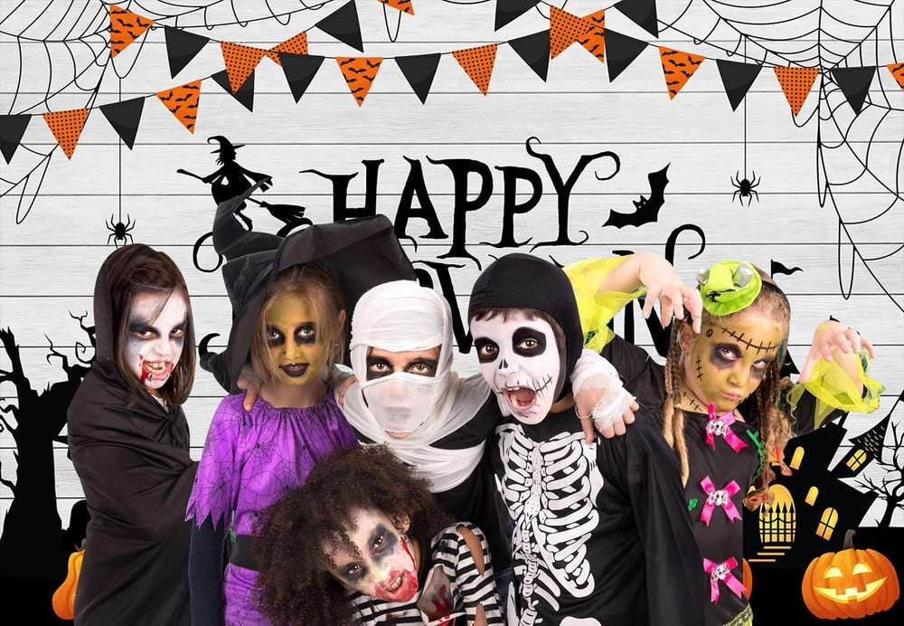 10x8ft Happy Halloween Backdrop Wooden Floor Horror Pumpkin Ghost Castle Witc...