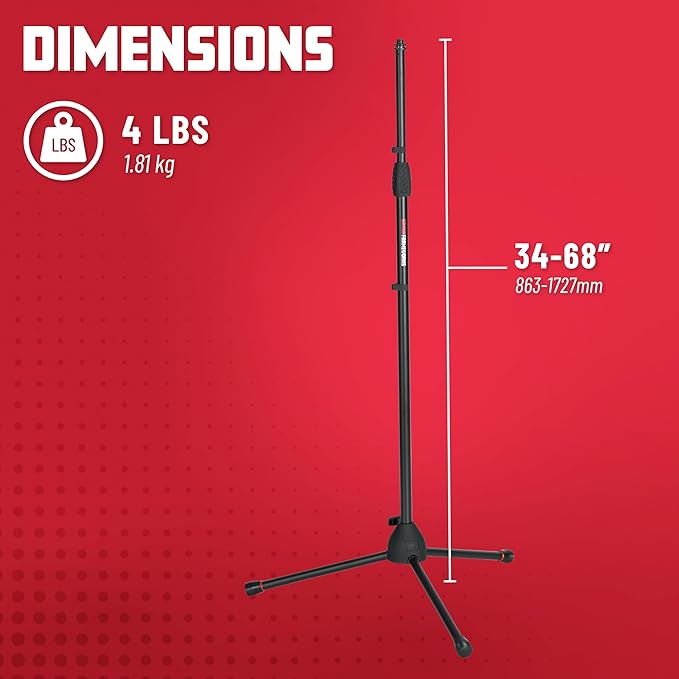 Gator Frameworks Standard Tripod Microphone Stand with Adjustable Height and Both 3/8" and 5/8" Adapters (GFW-MIC-2000)