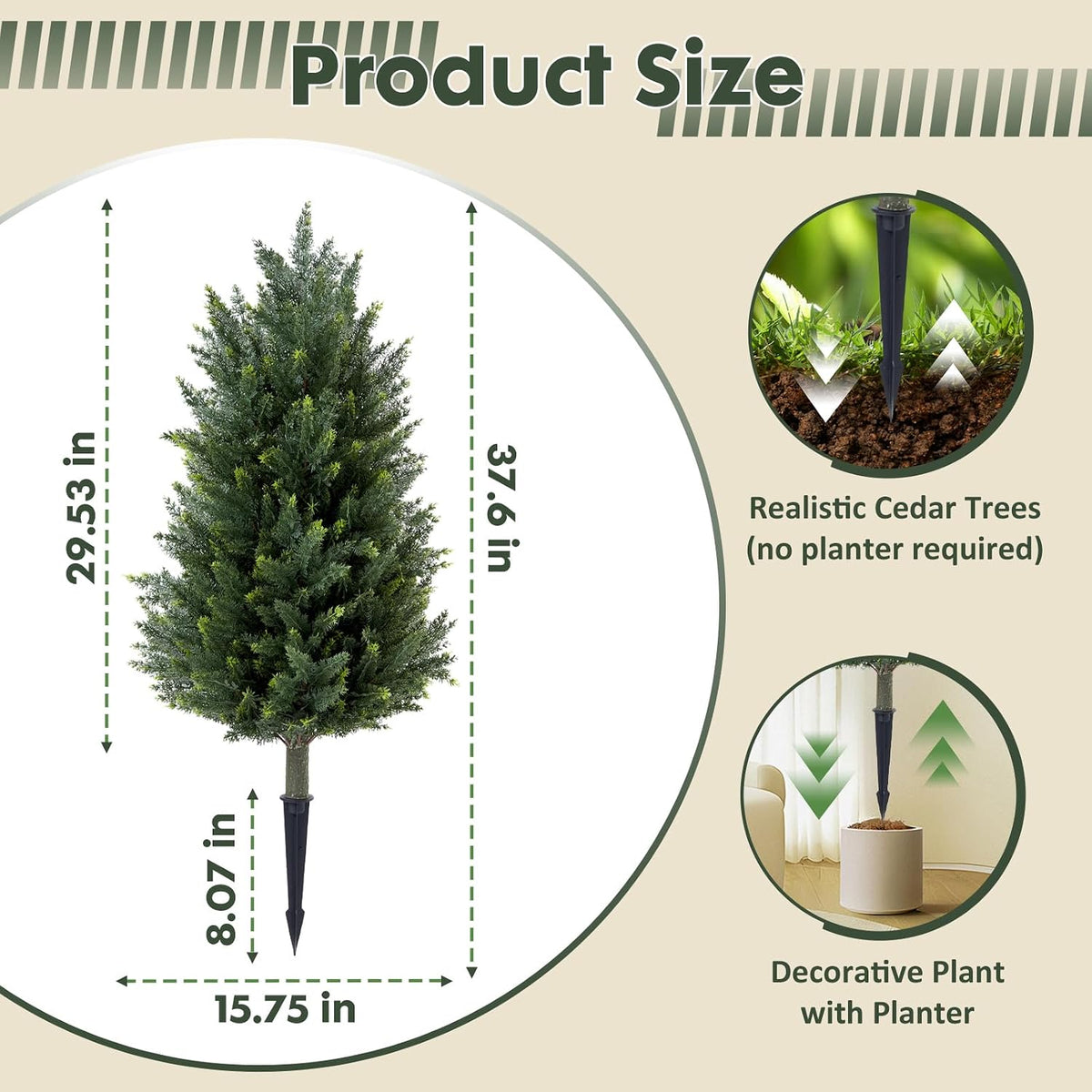 Set of 2 Artificial Cedar Topiary Christmas Trees, 3FT UV-Resistant Faux Cypress Shrubs with Ground Spikes — Tall Evergreen Decorative Plants for Outdoor and Indoor Porch, Patio, and Garden