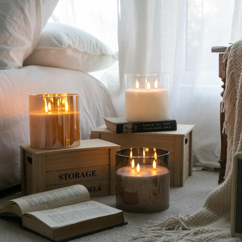 Extra Large Flameless Candles with 3 Wicks, 6"x6" Glass Battery Ope...