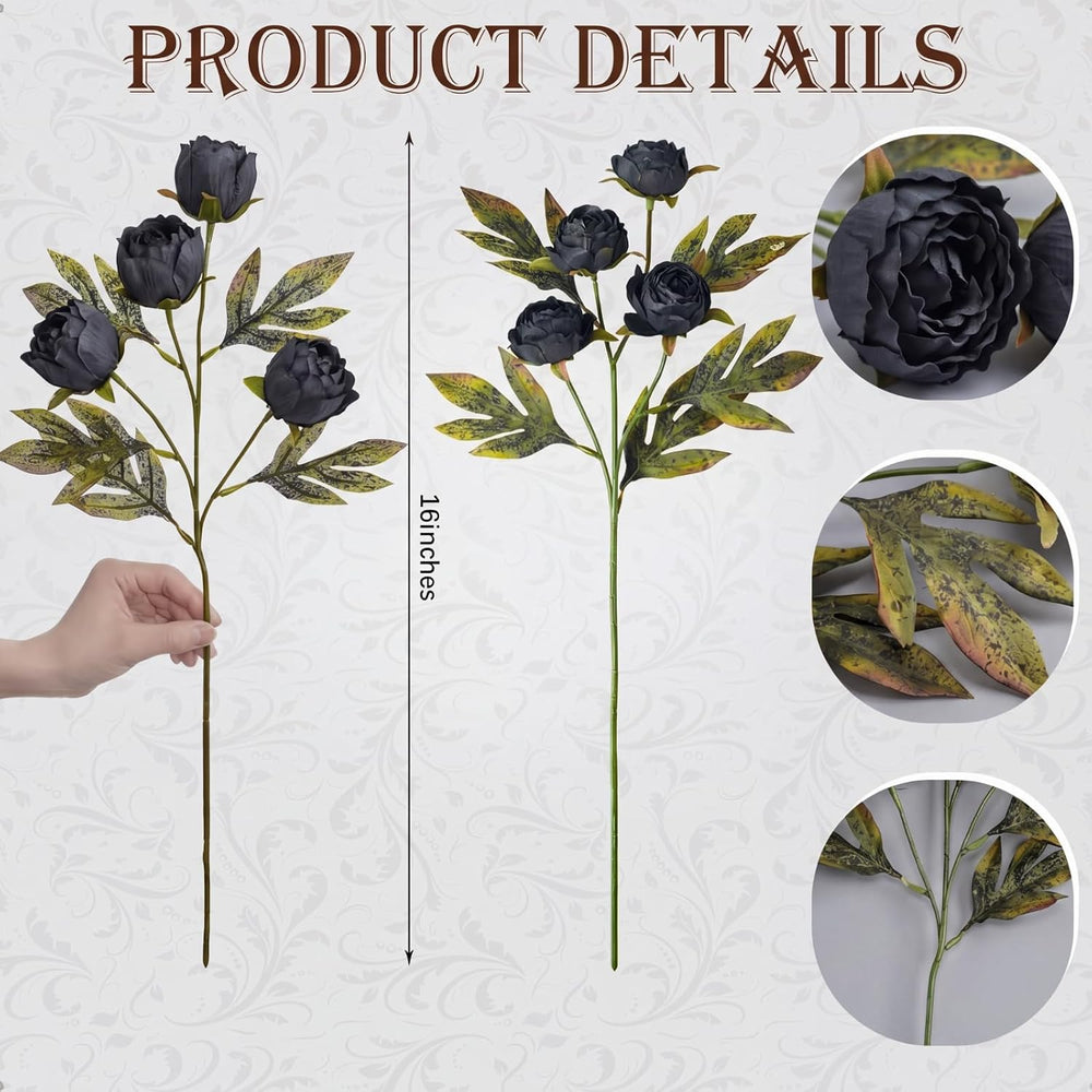 Vintage Peony Artificial Flower Faux Silk Stem, 8 Pcs, Black