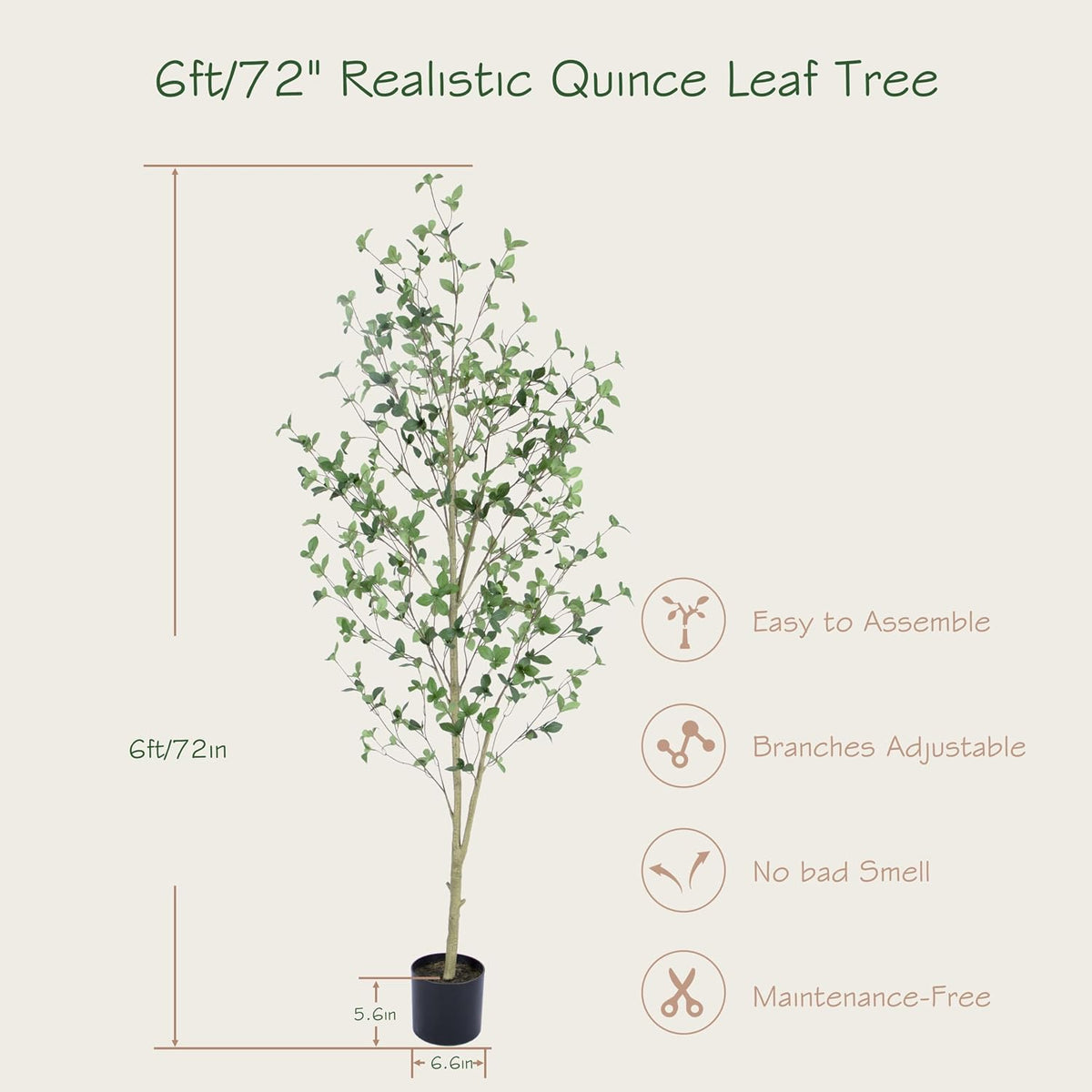 bellacat 6ft artificial quince leaf tree with realistic, side view
