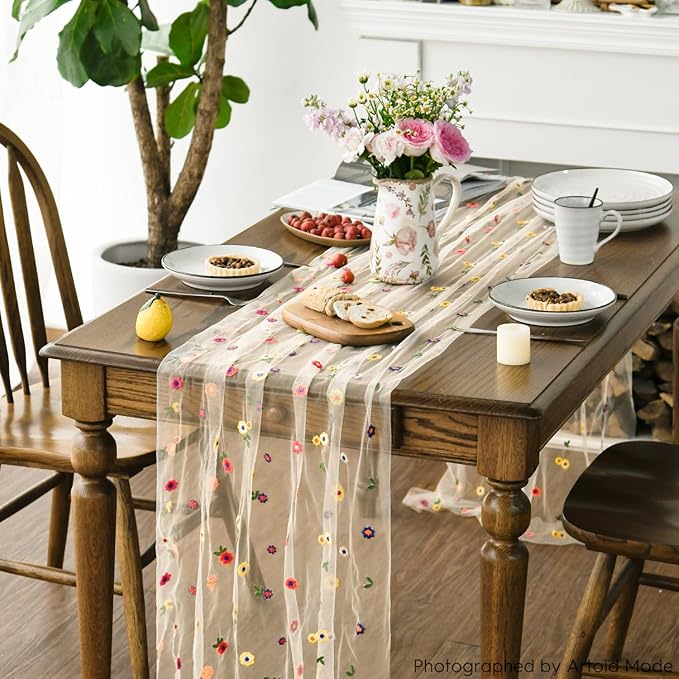 Artoid Mode 6PCS Champagne Embroidery Daisy Gauze Table Runner 120 Inch 10FT, Seasonal Sheer Kitchen Dining Holiday Wedding Birthday Table Decor for Home Party