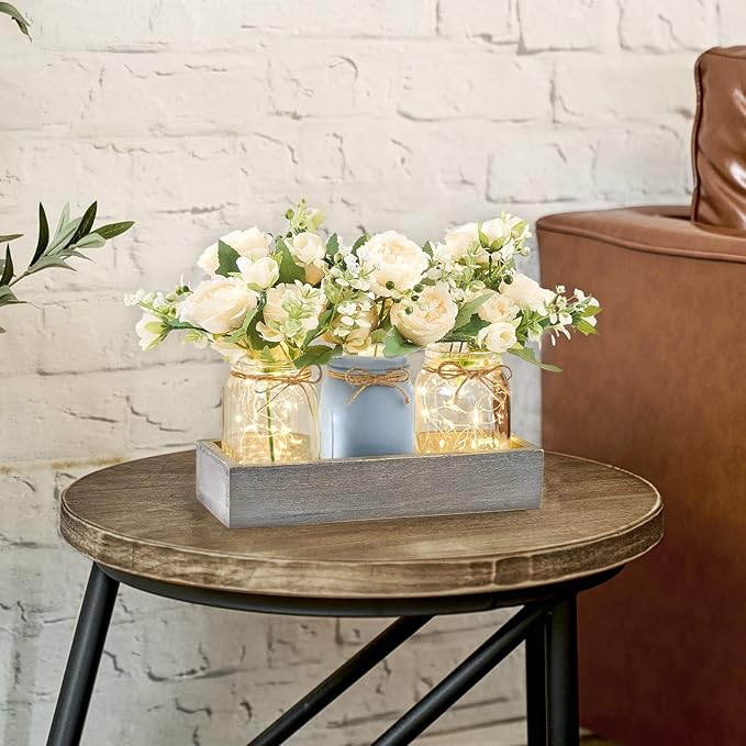 Mkono Mason Jar Lights Centerpiece Table Decor for Dining Room Farmhouse Wood Tray with 3 Jars Flowers Center Pieces Spring Decor for Coffee Table Kitchen Living Room, Grey Blue