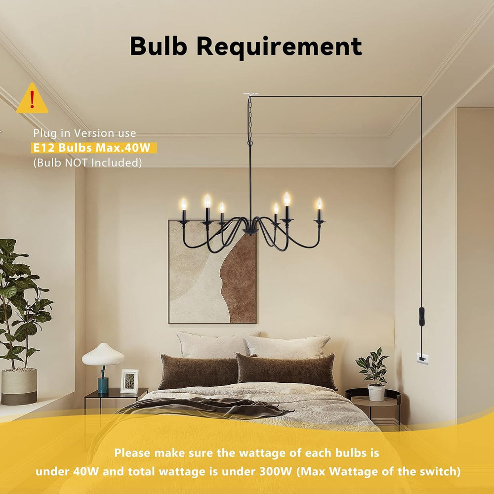 HOXIYA PRE-Wired Plug in Chandelier, 34.6" Black Chandelier with Long Co...