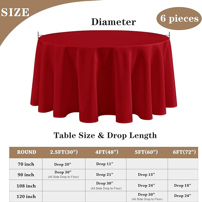 Fitable 6 Pack Red Tablecloths for Round Tables - 108 Inches in Diameter - Stain Resistant and Washable Table Clothes, Polyester Fabric Table Covers for Wedding, Party, Banquet, Formal Events