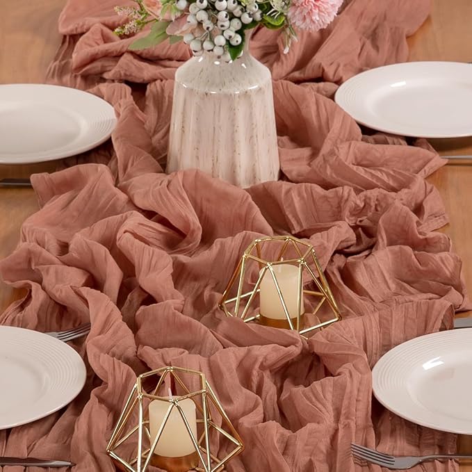 MLMW 6 Pack Dusty Rose Table Runner Cheesecloth Boho Gauze Rustic Cheese Cloth Table Runner 160 inch Sheer 13.3ft for Wedding Party Baby Bridal Shower Birthday
