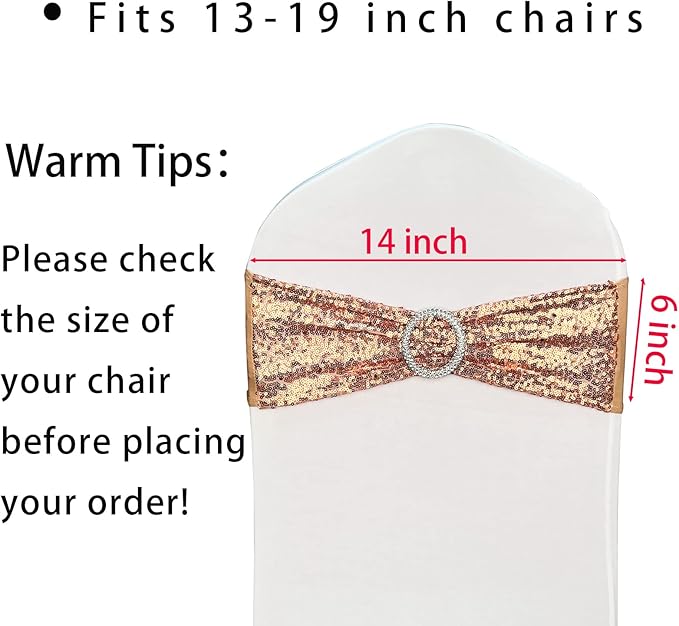 25 Pcs Chair Sashes Sequin Stretch Chair Bands Spandex Polyester Bows for Party Hotel Wedding Banquets Decoration - Rose Gold