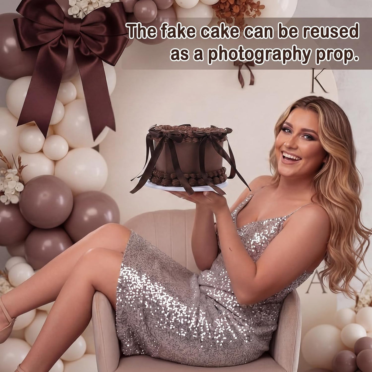Remerry 6 Inch Chocolate Heart Fake Cake Bow Birthday Fake Cake Decor