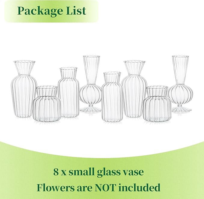 Mini Glass Vases for Centerpieces - Hewory Clear Small Bud Vases in Bulk, Cute Flower Vases Set for Wedding, Home Decoration, Table Decor (Clear, 8)