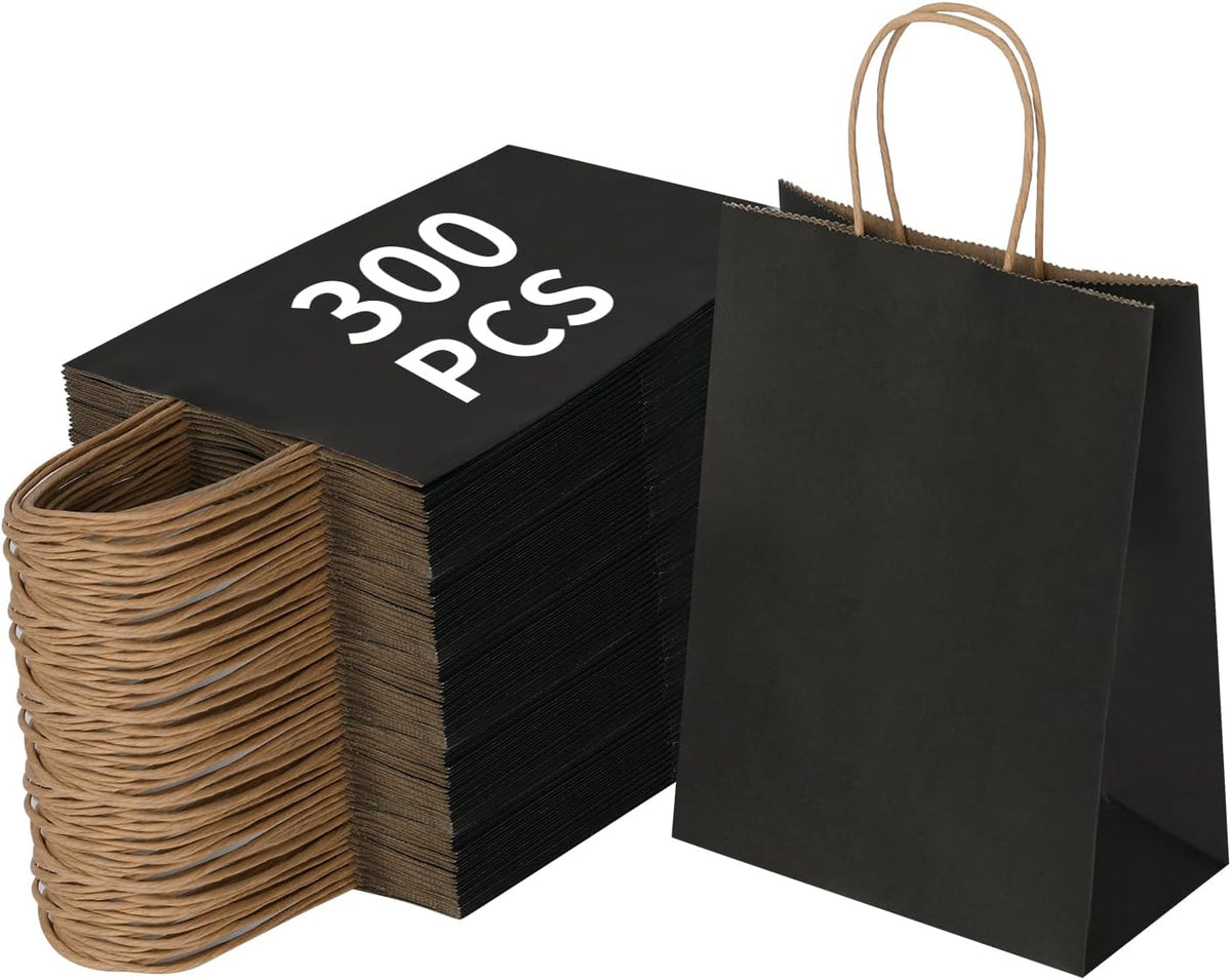 Joybe 300 Pack 5.95x3.25x8 Inch Small Black Paper Bags with Handles Bulk, Kraft Paper Gift Bags for Birthday Party Favors Grocery Retail Shopping Business Goody Merchandise Craft Blank Sacks (300pcs)