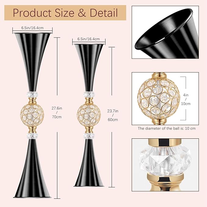 VIJIV Black Tall Crystal Flower Vases for Centerpiece - 28'' Large Trumpet Vase for Bouquet Skinny Decorative, Floor Vase Flower Stand for Party Event, Dining Table Décor, Bridal Shower, Wedding